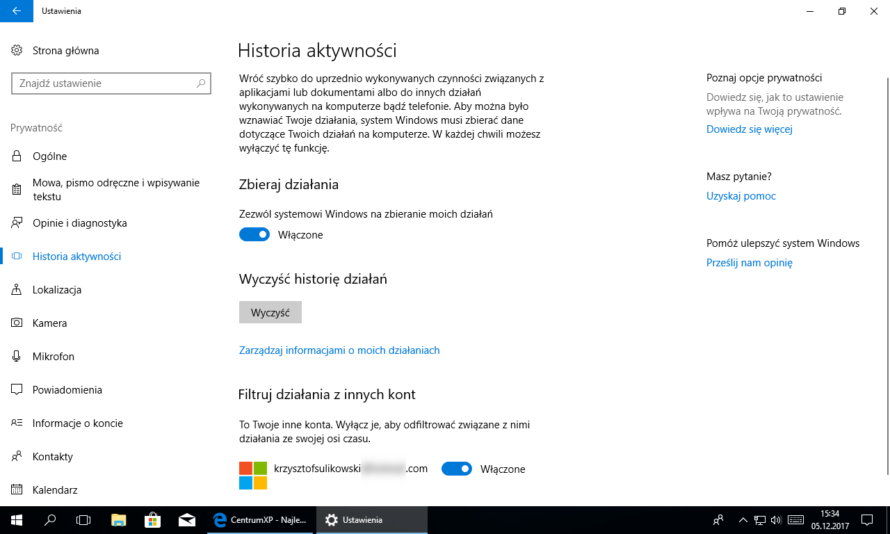 Historia aktywności w Windows 10