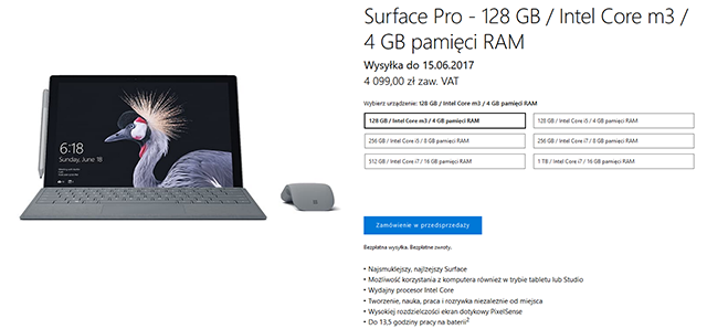 Specyfikacja techniczna dostępnych modeli Surface Pro