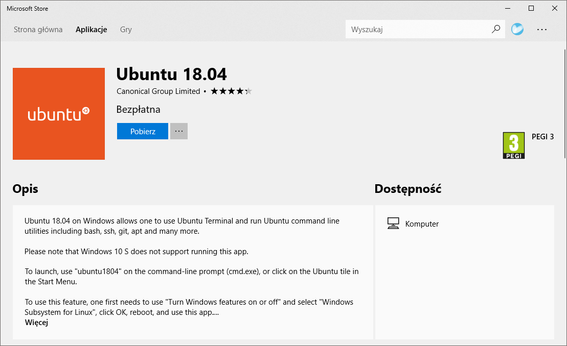 Ubuntu 18.04 w Windows 10 (WSL)
