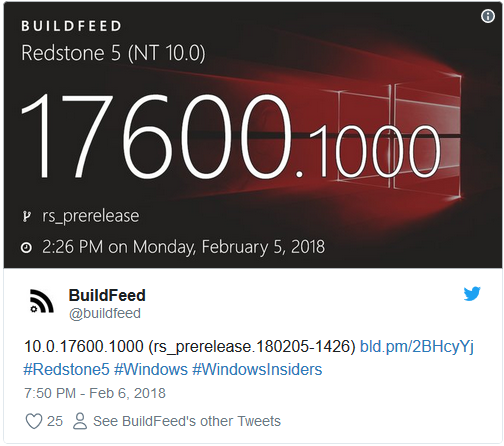 Windows 10 Redstone 5 build 17600.1000