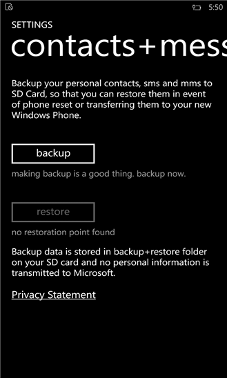Contacts + Message Backup