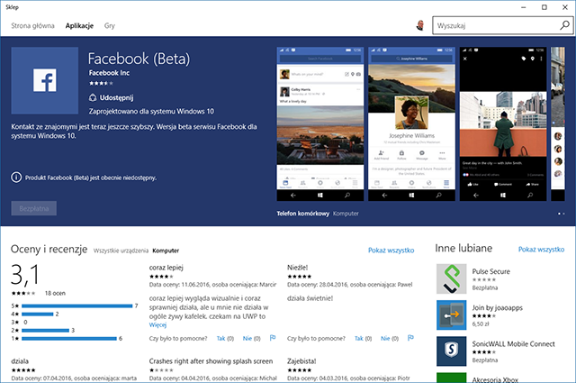 Facebook beta w Sklepie Windows