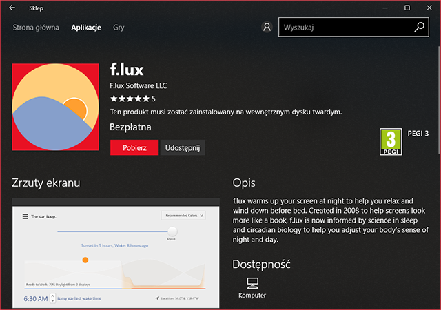 f.lux pojawił się w Sklepie Windows