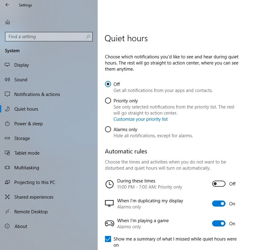 Godziny ciszy w Windows 10 - Ustawienia