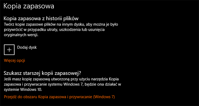 Kopia zapasowa z historii plików w obecnej wersji Windows 10