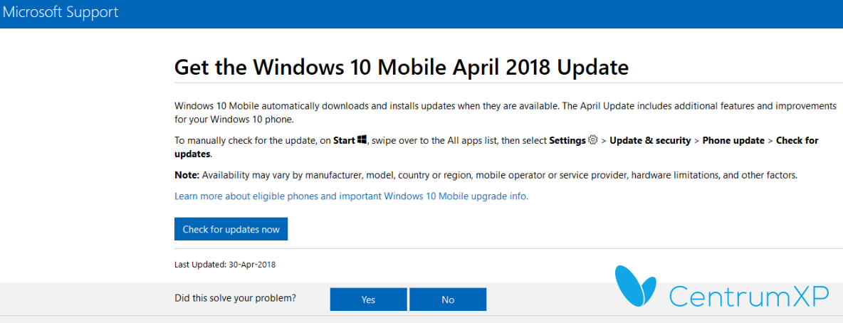 Informacja o aktualizacji Windows 10 Mobile April 2018 Update