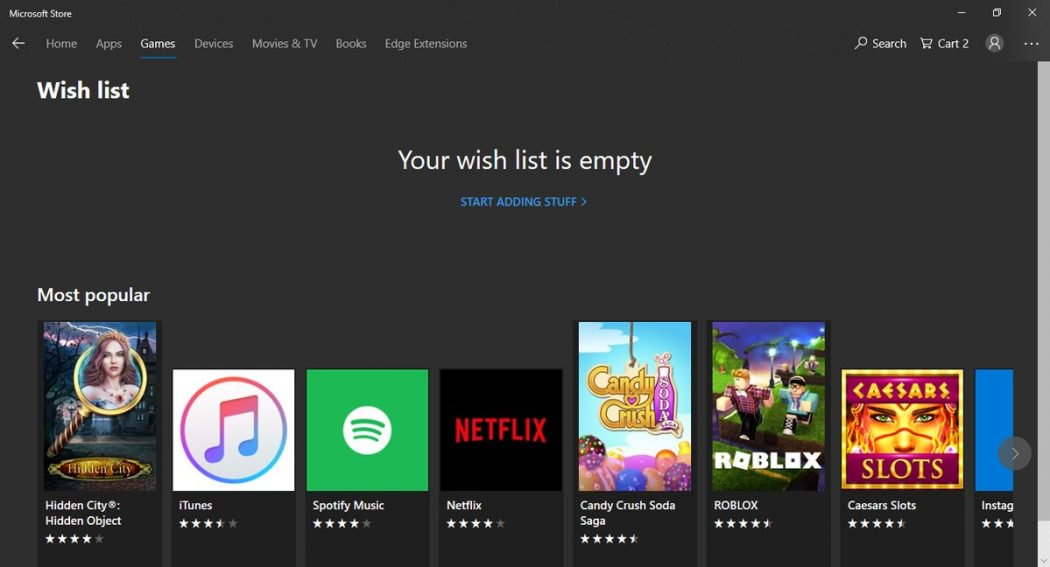 Microsoft Store Lista życzeń