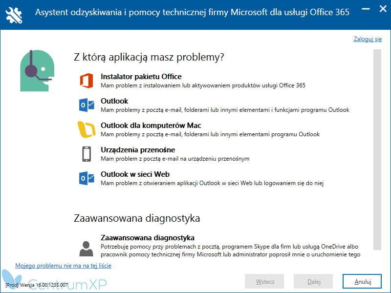Asystent odzyskiwania i pomocy technicznej firmy Microsoft dla usługi Office 365