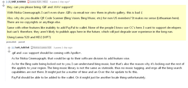Komentarz o nowościach w WP8 w serwisie Reddit