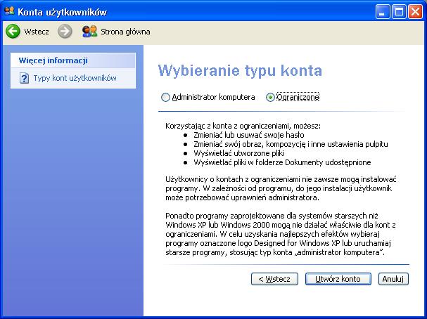Typ konta w Windows XP