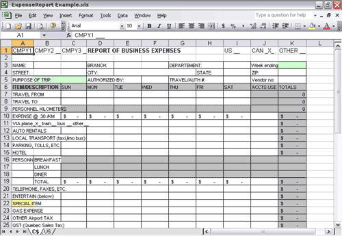 Przykład typowego raportu z wydatków w programie Microsoft Excel