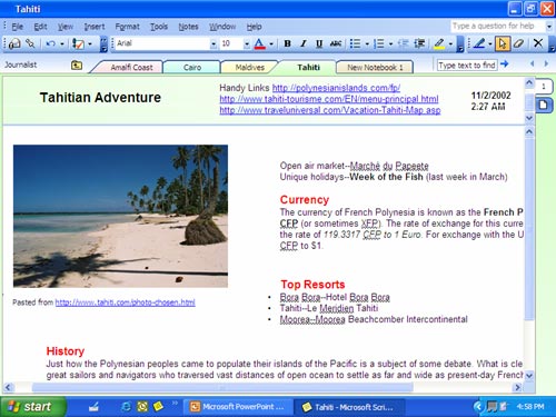 Zrzut ekranu przedstawiający, w jaki sposób dziennikarz może używać programu OneNote do zbierania informacji z sieci Web