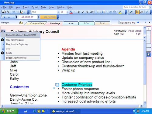 Zrzut ekranu przedstawiający, w jaki sposób kierownik projektów może sporządzać notatki w programie OneNote 