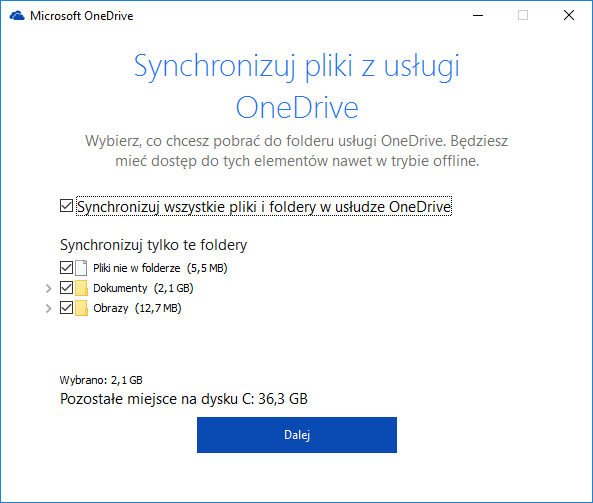 Ustawienia synchronizacji OneDrive