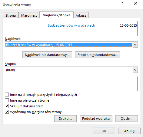 Dodawanie nagłówka do arkusza w aplikacji Excel 2016