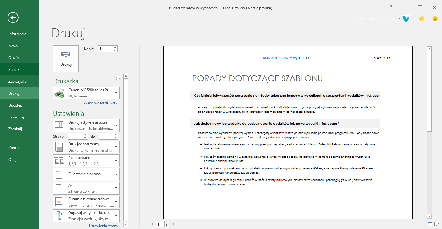 Dodawanie nagłówka do arkusza w aplikacji Excel 2016