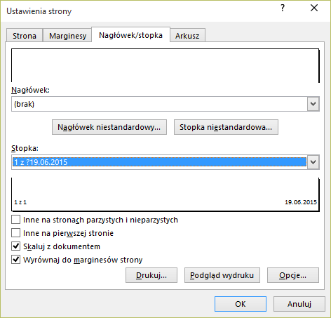 Dodawanie stopki do arkusza w aplikacji Excel 2016