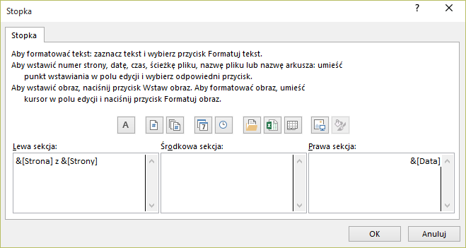 Dodawanie stopki do arkusza w aplikacji Excel 2016