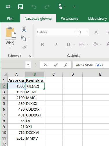 Konwertowanie liczby arabskiej na rzymską w aplikacji Excel 2016