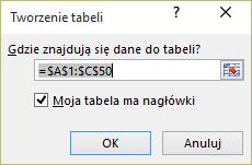 Wstawianie tabeli w arkuszu aplikacji Excel 2016