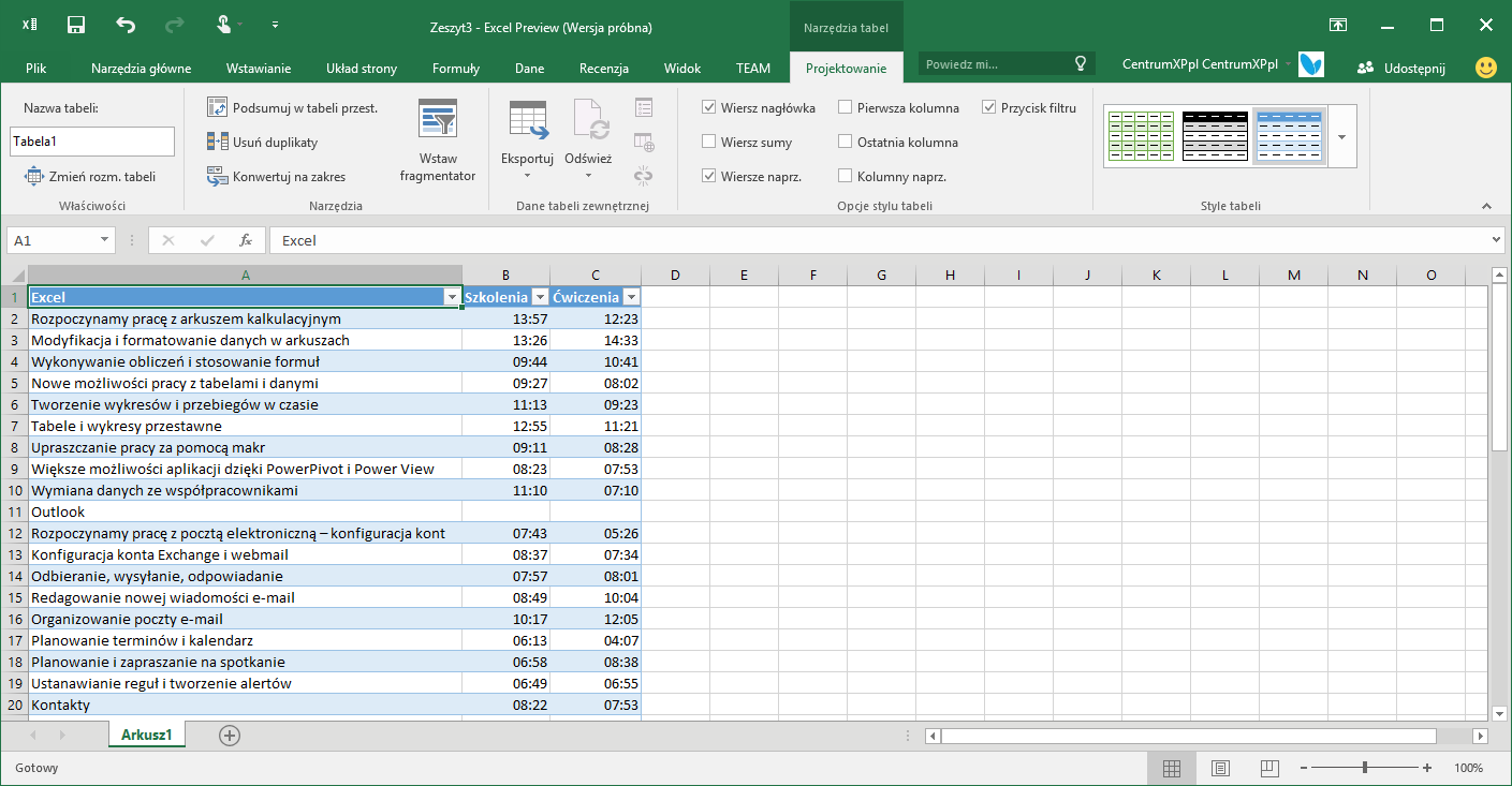 Wstawianie tabeli w arkuszu aplikacji Excel 2016