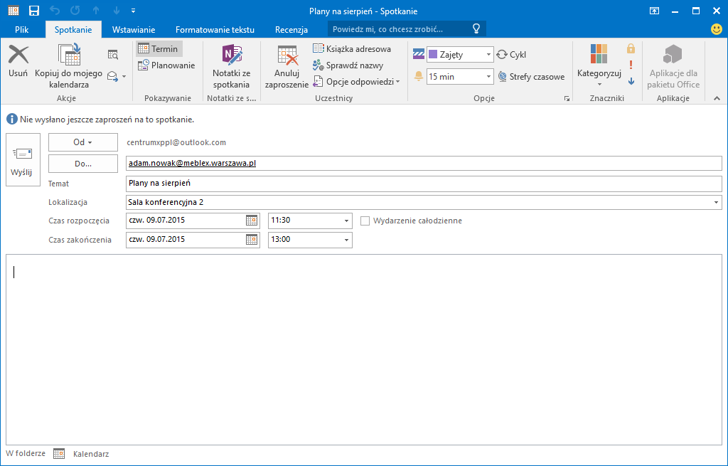 Tworzenie zaproszenia na spotkanie w aplikacji Outlook 2016