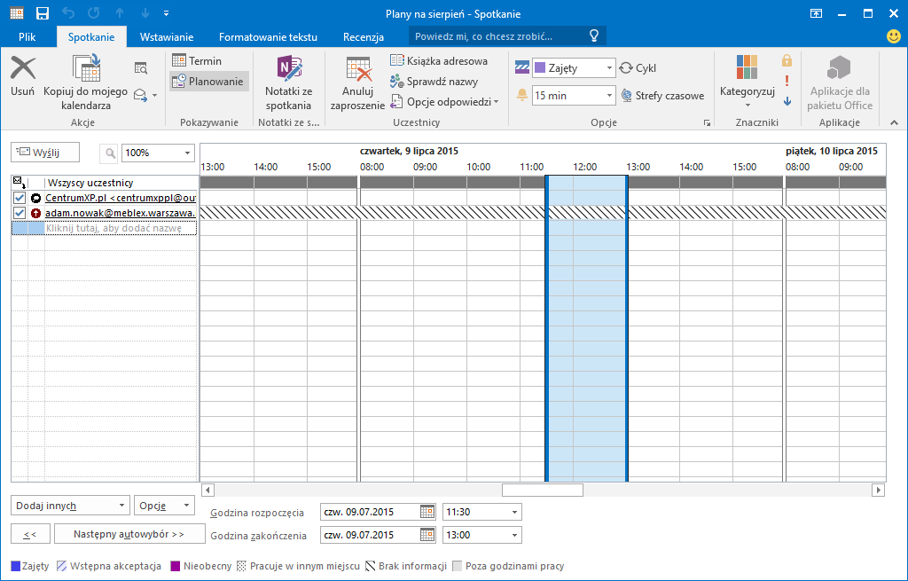 Tworzenie zaproszenia na spotkanie w aplikacji Outlook 2016