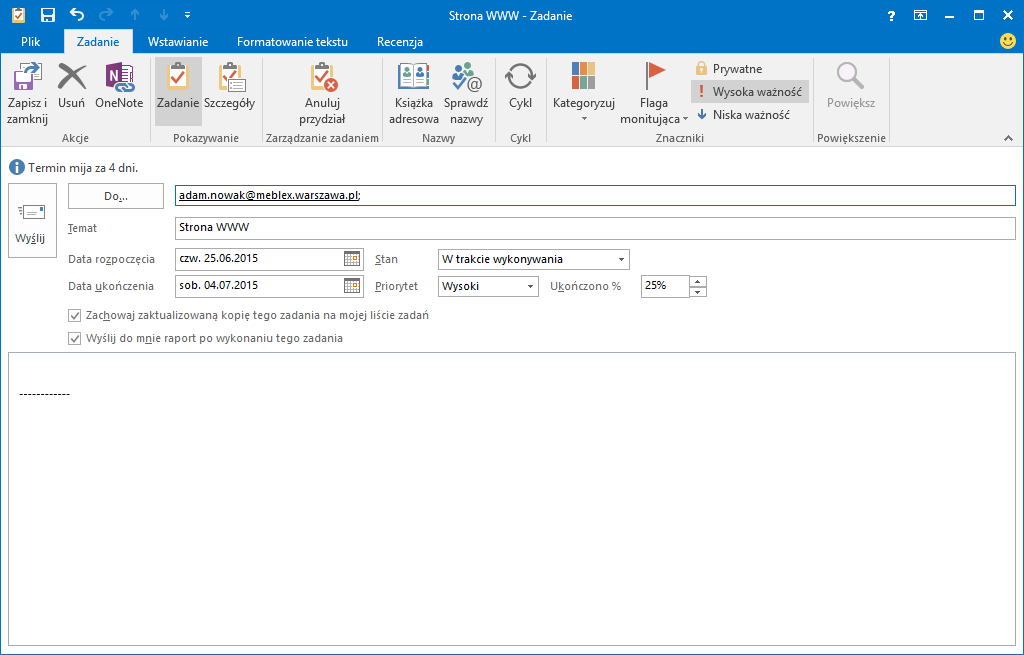 Tworzenie nowego zadania w aplikacji Outlook 2016