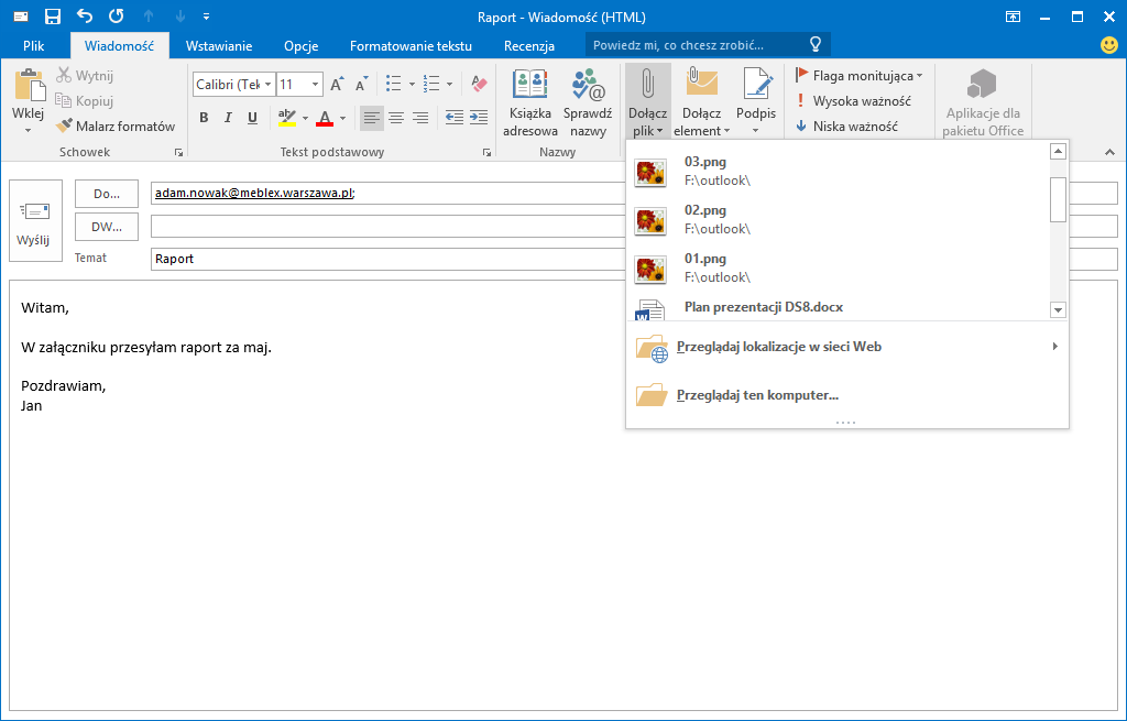 Dodawanie załącznika do wiadomości w aplikacji Outlook 2016