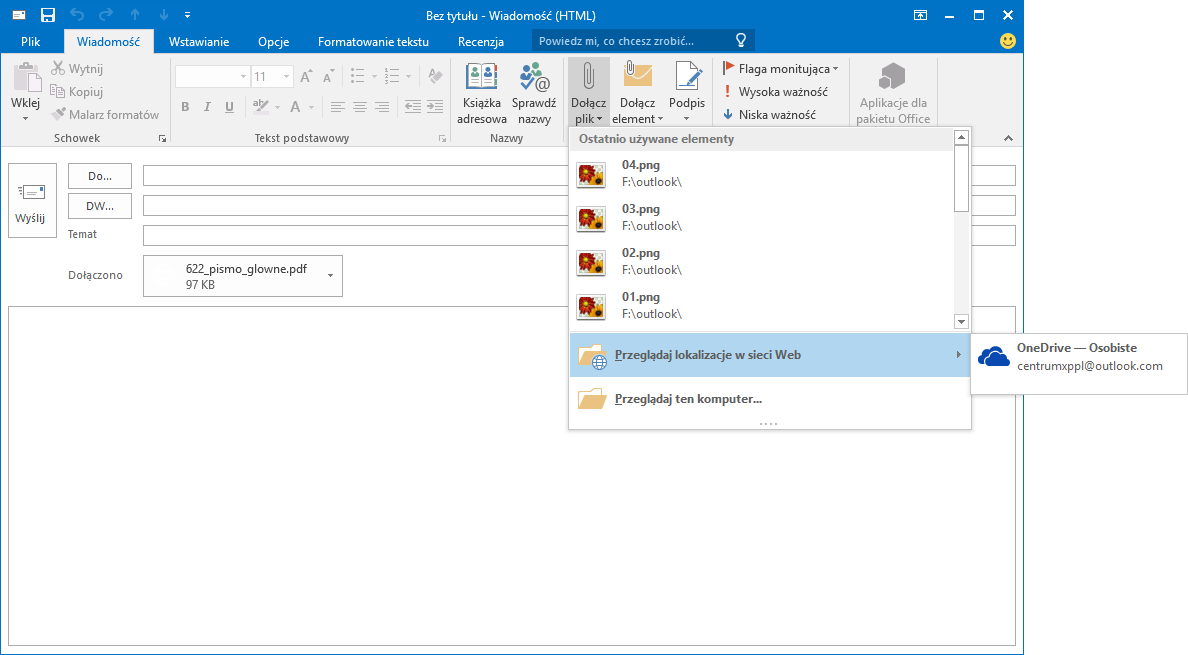 Dodawanie załącznika z dysku OneDrive do wiadomości w aplikacji Outlook 2016