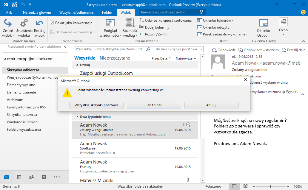 Uruchamianie widoku konwersacji w aplikacji Outlook 2016
