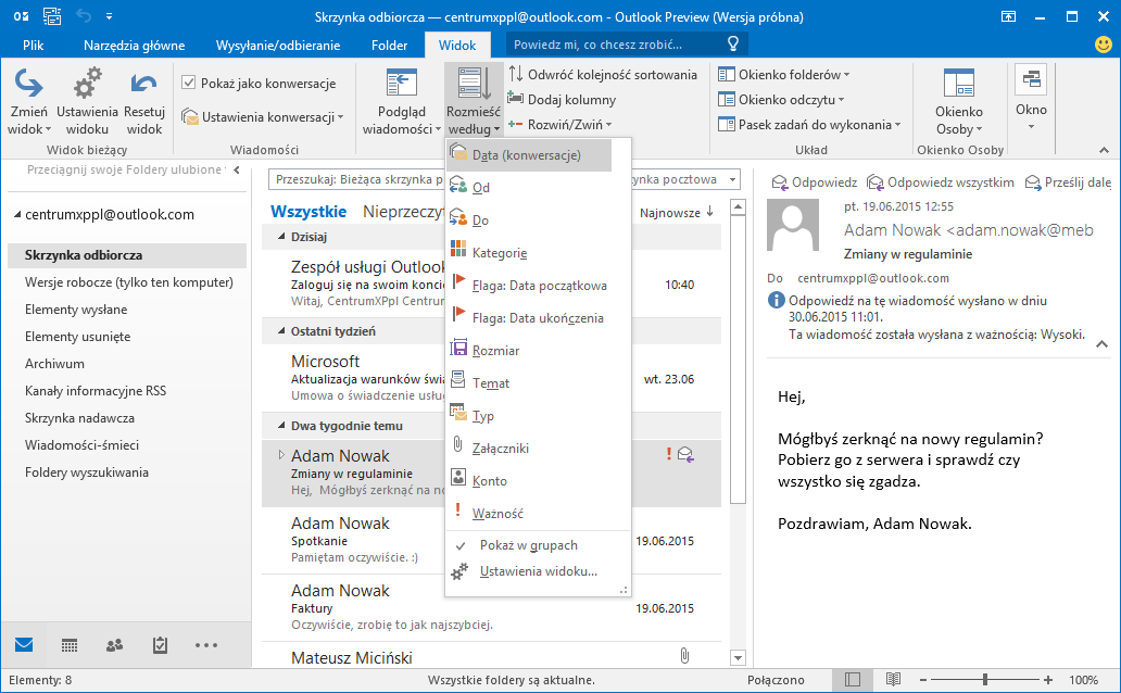 Jak sortować listę konwersacji w aplikacji Outlook 2016