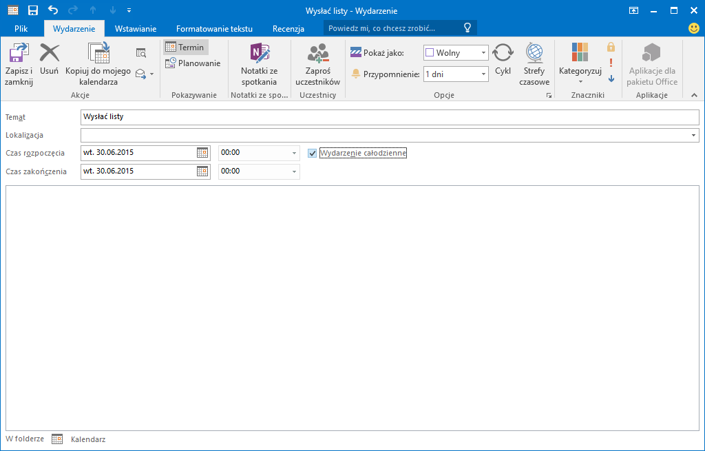 Ustawianie przypomnienia w aplikacji Outlook 2016