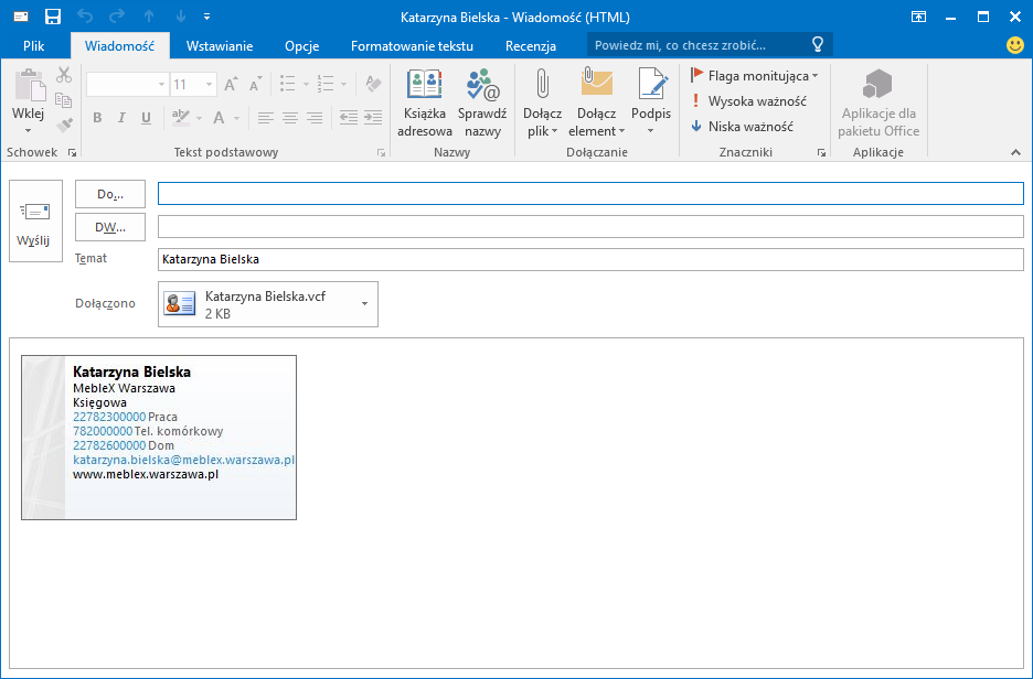 Wysyłanie wizytówki w aplikacji Outlook 2016