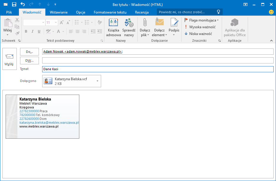 Wysyłanie wizytówki w aplikacji Outlook 2016