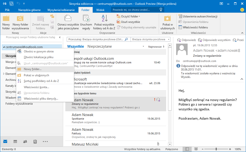 Dodawanie nowego folderu w panelu nawigacyjnym w aplikacji Outlook 2016