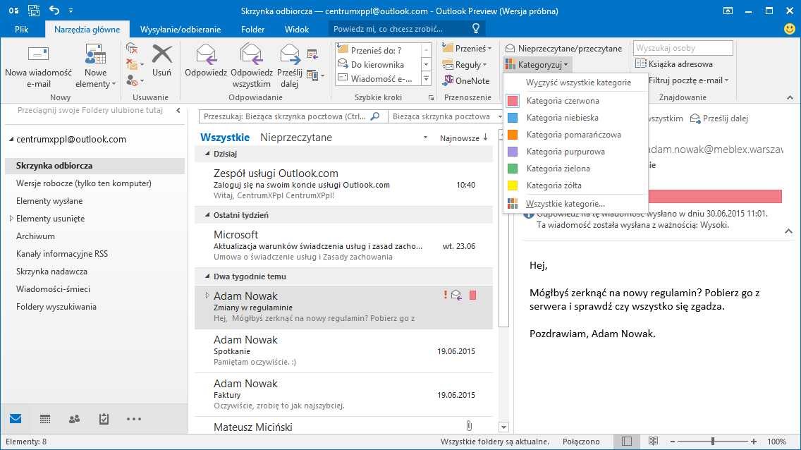 Przypisywanie wiadomości do kategorii w aplikacji Outlook 2016