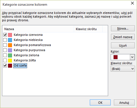 Zarządzanie kategoriami w aplikacji Outlook 2016