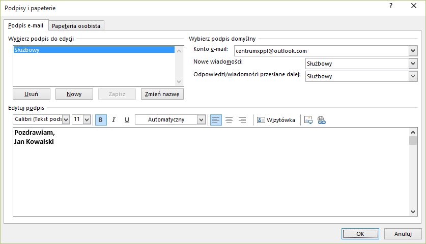 Ustawianie podpisu w aplikacji Outlook 2016