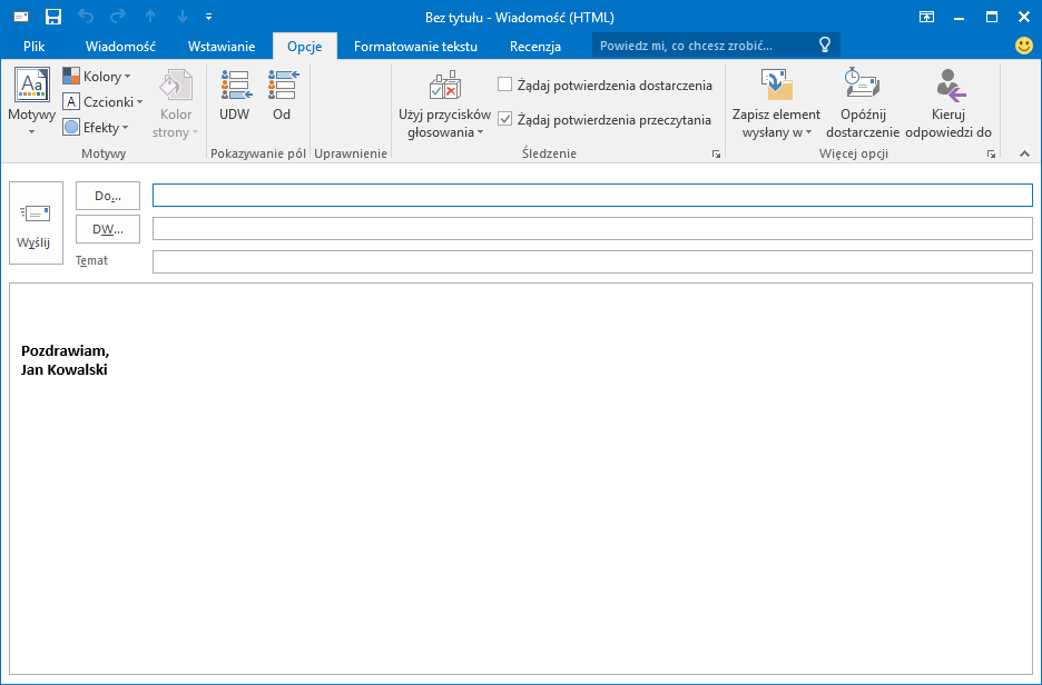 Żądanie potwierdzenia przeczytania wiadomości w aplikacji Outlook 2016