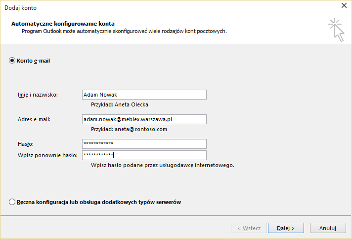 Autokonfiguracja konta pocztowego w aplikacji Outlook 2016