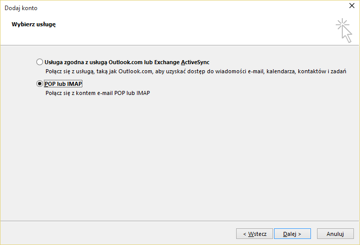 Ręcznego konfigurowanie konta pocztowego w aplikacji Outlook 2016