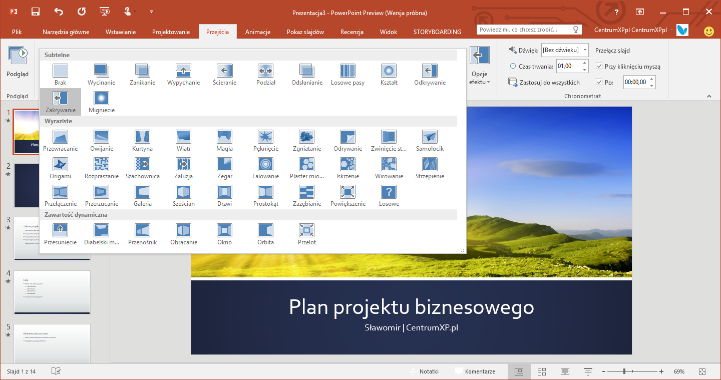 Widok przejść w PowerPoint 2016