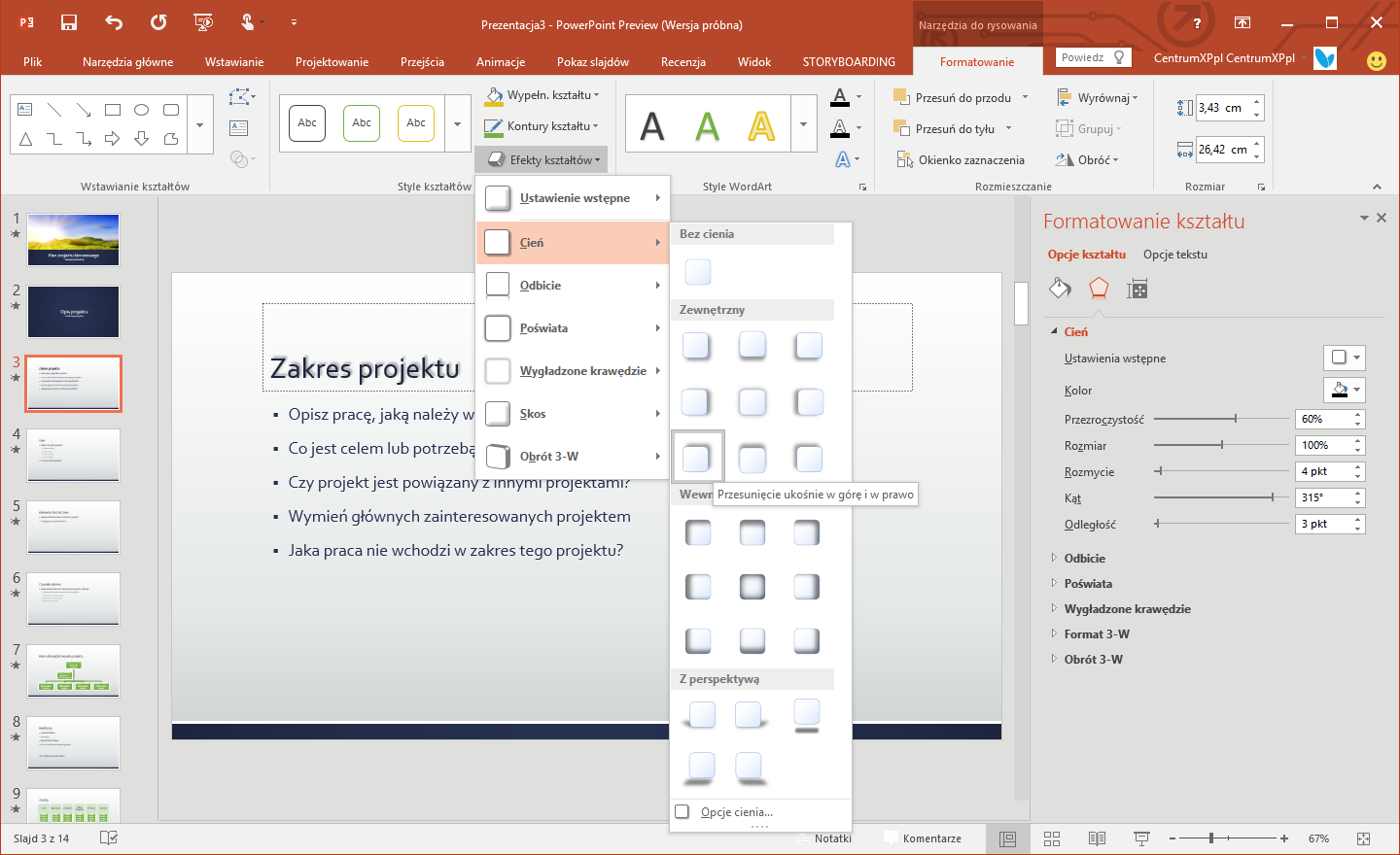 Efekty kształtów w PowerPoint 2016