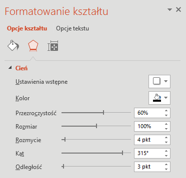 Opcje cieni w PowerPoint 2016