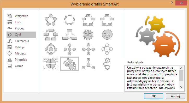 Wybieranie grafiki SmartArt w PowerPoint 2016