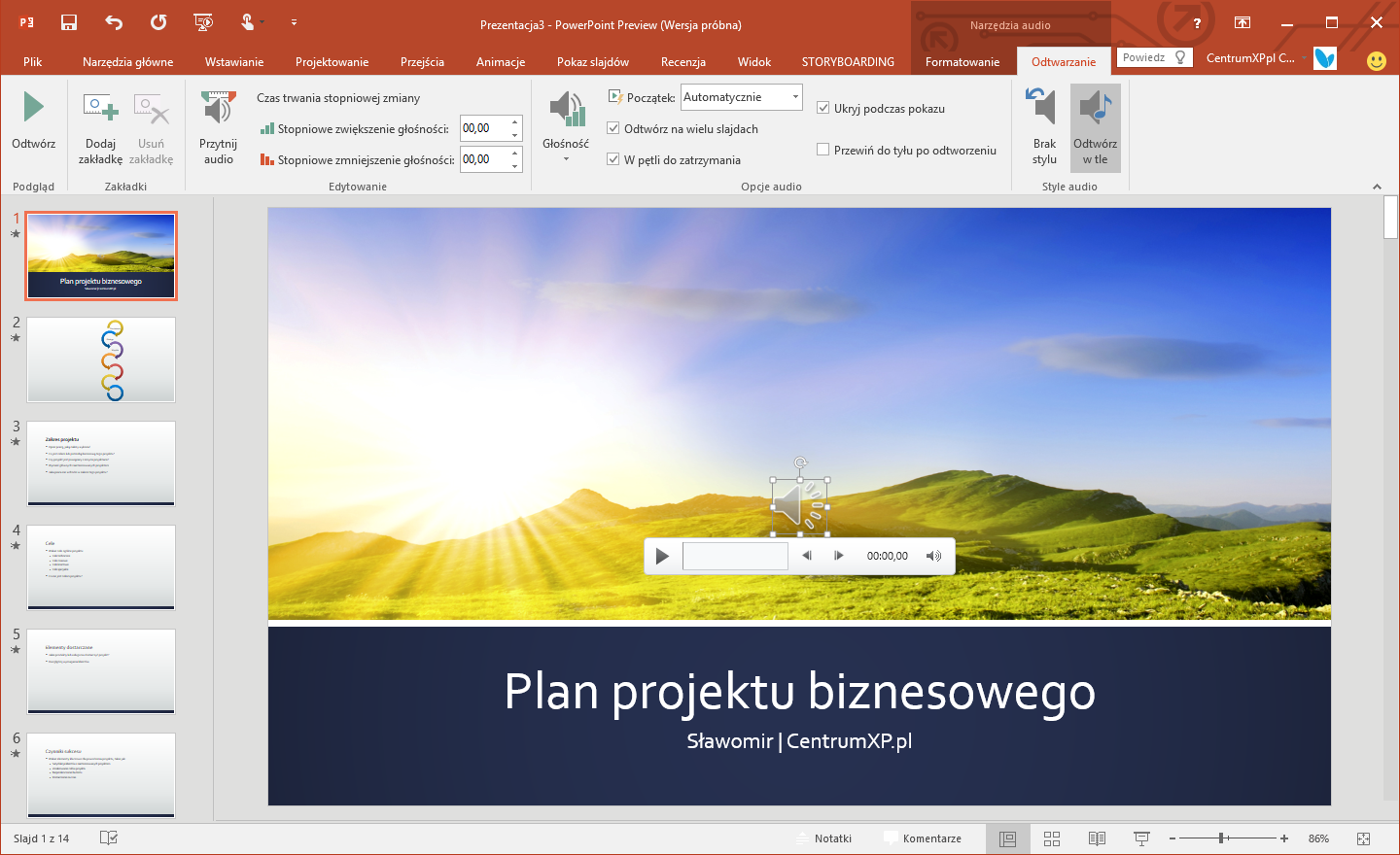 Ustawienia muzyki w tle w PowerPoint 2016