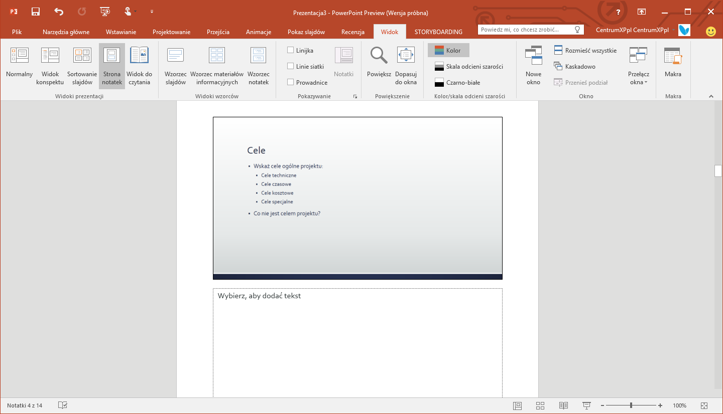 Widok notatek w PowerPoint 2016