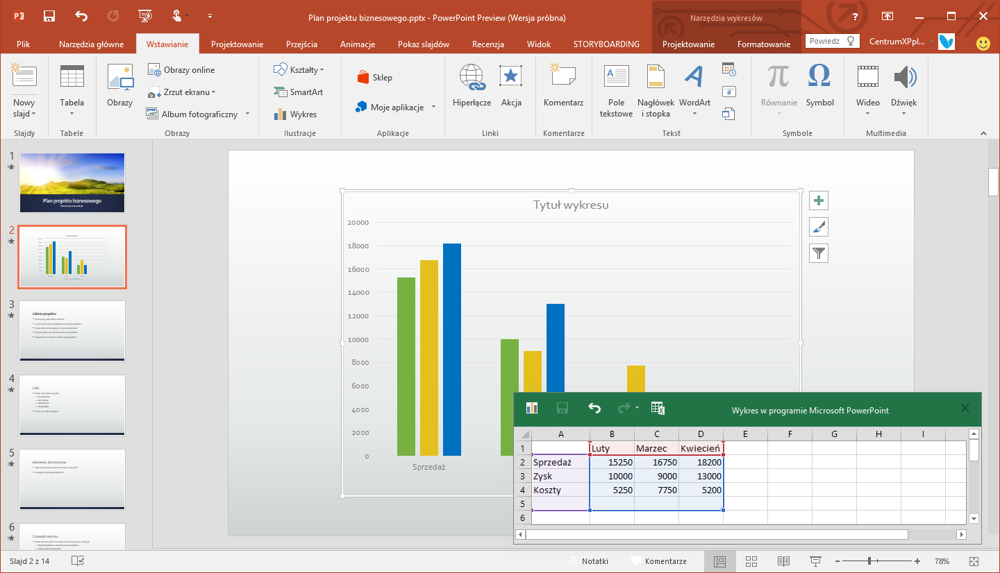 Gotowy wykres w PowerPoint 2016