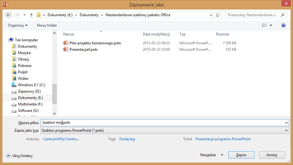 Zapisywanie szablonu w PowerPoint 2016